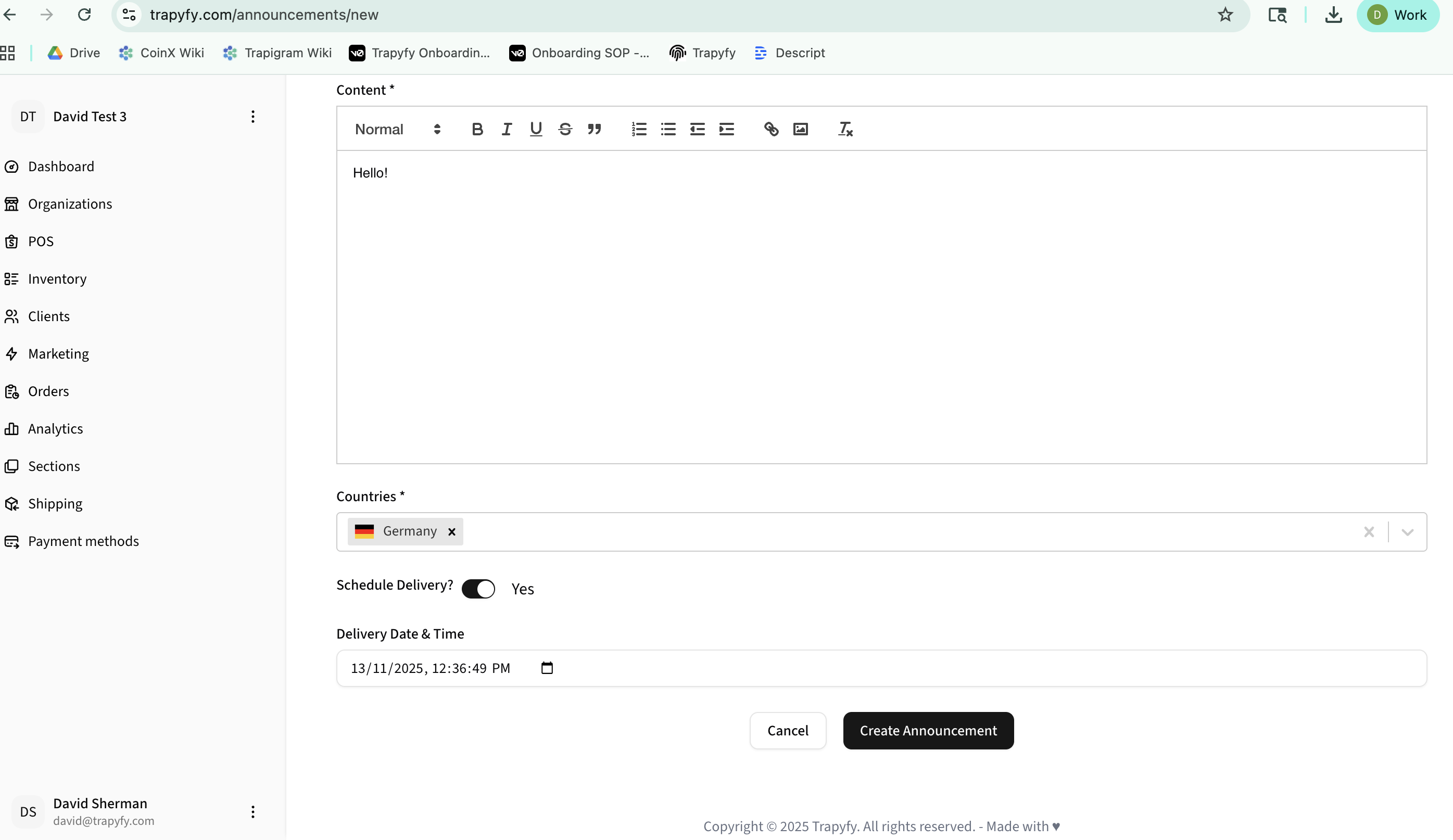 New announcement form