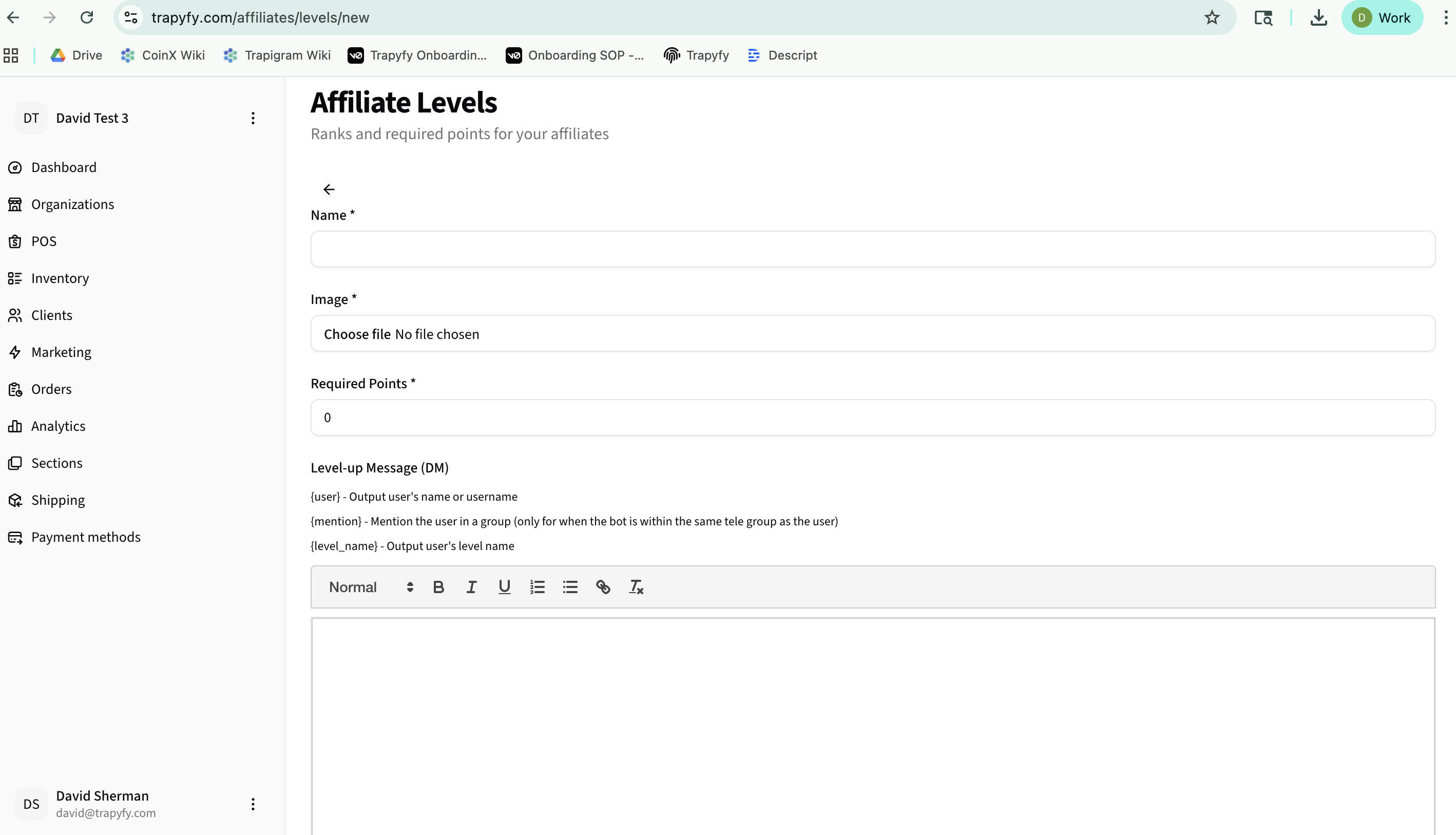 Add affiliate level form